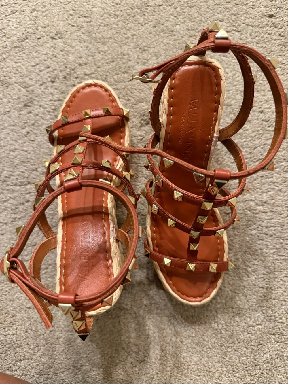 Valentino Tan Rockstud Espadrille Wedge Sandals